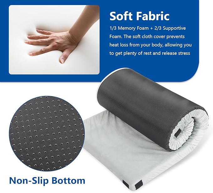 75"D x 25"W x 3"H Memory Foam Camping Mattress, Portable Roll Up Travel Camping Mattress Sleeping Pad & Floor Mattress, Cot Mattress Guest Bed,Camping Mattress,Portable Floor Mat Roll Up for Guests