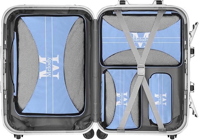 Custom Name 4 Pcs set travel luggage organizer Mesh Travel Essentials for Suitcases, Light Sky Blue with Initial Letter