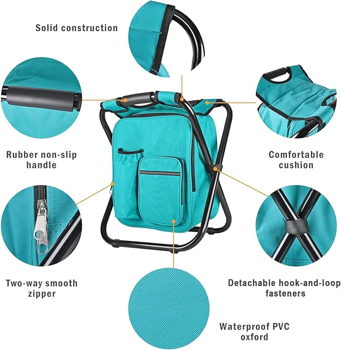 Kikerike Backpack Stool Cooler Chair Heavy Duty 300 LBS Max Load Portable Lightweight Stool Backpack Folding Fishing Cooler Seat for Camping Hunting Fishing - Blue-Green