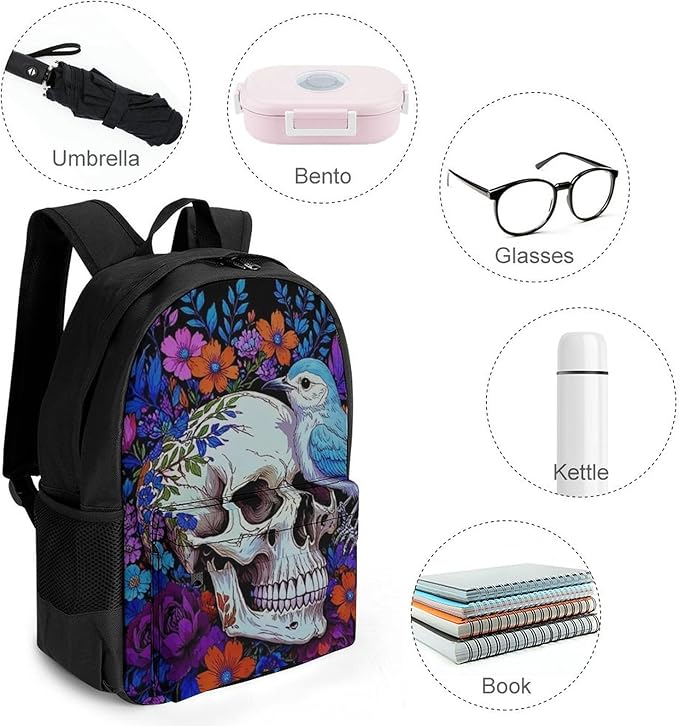 Shoulder Book Bags Anti-Theft Multipurpose Big Capacity Bookbag, Hippie Skull Florals Bird Art Travel Hiking Backpack With Smooth Zippers