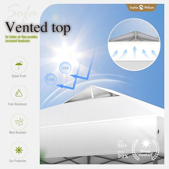 Sophia & William Canopy Tent Pop Up 10x10 ft, One Person Push Set Up Tent, Outdoor Canopies Shelter Heavy Duty Straight Legs with 4 Sandbags & Guy Ropes, 1 Roller Bag & Storage Bag, 8 Stakes, UPF50+