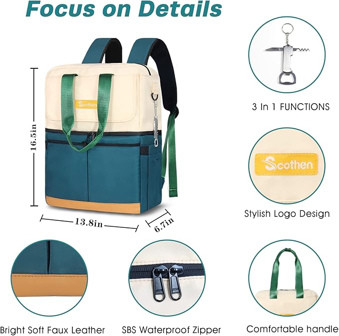 Backpack Cooler with Double Decker & 12 Ice Packs- Keeps 36 Cans Cold for Up to 8 Hours- Waterproof & Leak Proof Insulated Cooler Backpack- Stylish Cooler Bookbag for Women Travel Work Beach