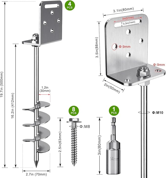 2/4/6 Pack 18" 24" Screw in Trampoline Ground Anchors 2.7" Wide Spiral Mobile Home Earth Anchor Stakes Set with Versatile L Bracket Swingset Anchors for Playset, Fence, Tent, Shed, Canopy, Carport