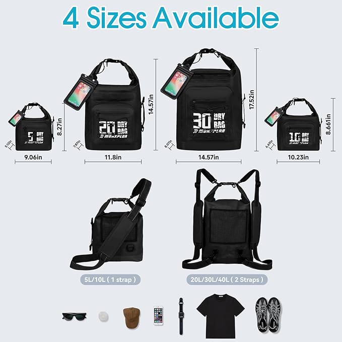 Dry Bag Waterproof,5L/10L/20L/30L Roll Top Dry Bag Backpack with WaterProof Phone Case for Swim,Kayak(Black 30L)