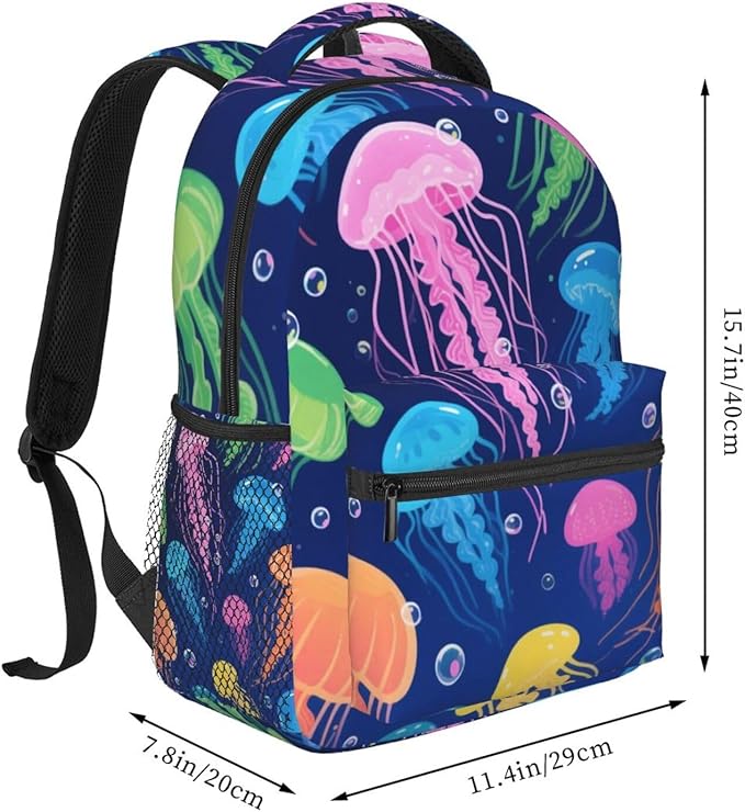 Men Women Polyester Cool Corlorful Jellyfish Pattern Daypack Backpack Large Capacity Carry On Bag With Smooth Zippers for Hiking Picnic Walking Cycling