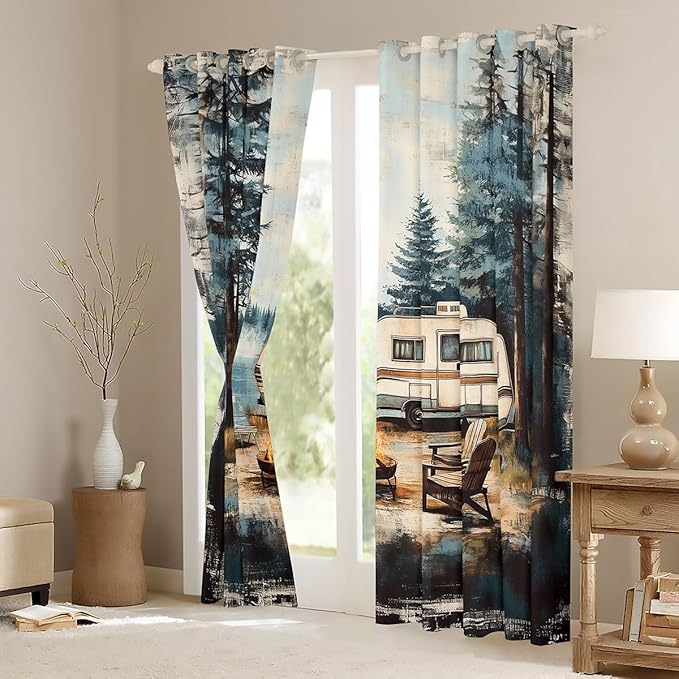 Manfei Camper Camping Window Drapes,Bonfire Campfire RV Trailer Adventure Nursery Bedroom Playroom Decor,Pine Tree Lake Fishing Rustic Farmhouse Girls Boys Room Decor,Black 2 Panels,42Wx90L inch