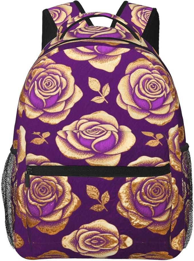 Rucksacks Multipurpose Anti-Theft Big Capacity Bookbag, Purple Gold Rose Art Travel Hiking Camping Rucksack With Padded Straps