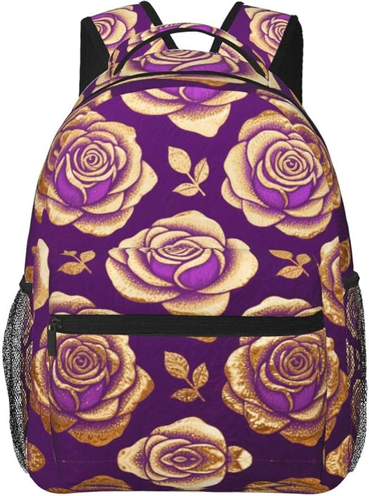 Rucksacks Multipurpose Anti-Theft Big Capacity Bookbag, Purple Gold Rose Art Travel Hiking Camping Rucksack With Padded Straps