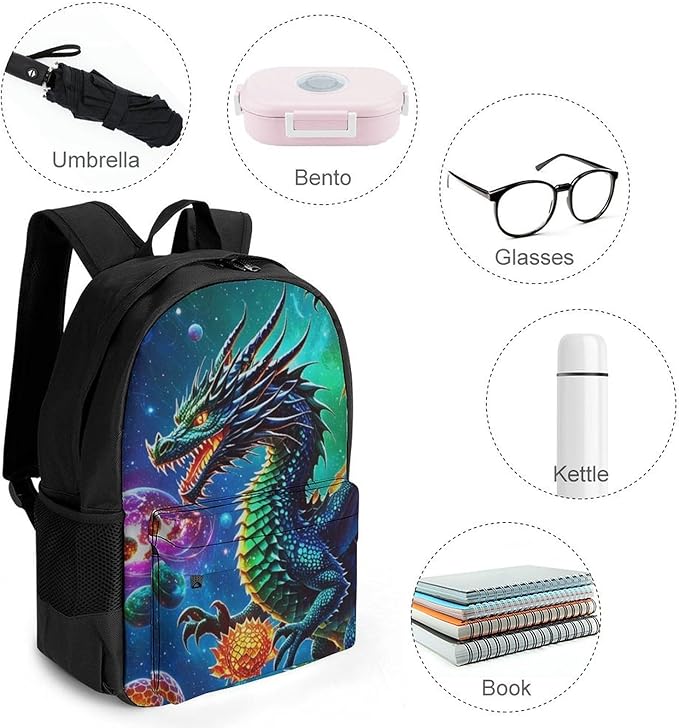 Supdreamc Rucksack Polyester Anti-Theft Multipurpose Cool Dragon With Fire Ball Art Bookbag Big Capacity Travel and Sport Backpack Rucksack With Side Pockets