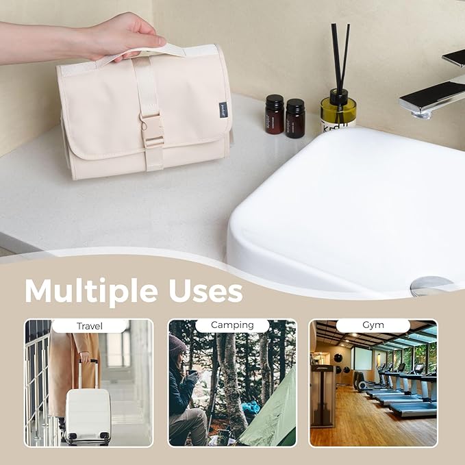 pack all Hanging Travel Toiletry Bag, Foldable Cosmetic Bag with Multiple Compartments, Water-Resistant Makeup Bag for Toiletries, Accessories (Light Beige)
