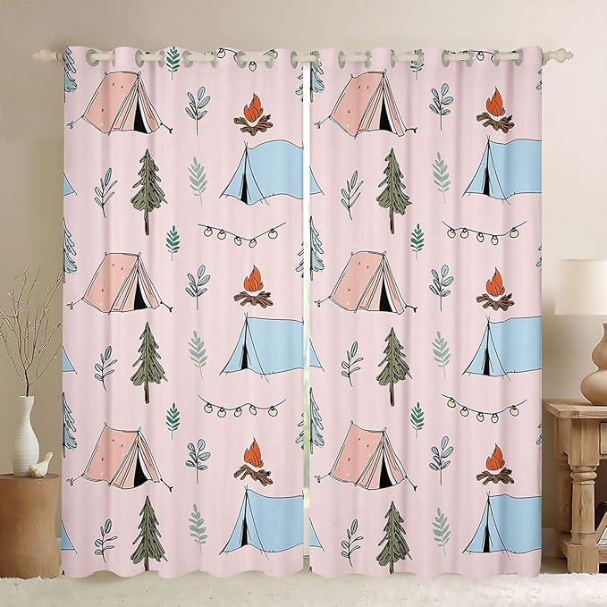 Feelyou Cute Pink Camping Camper Blackout Curtains Campfire Tent Darkening Drapes for Bedroom Living Room Decor Happy Camping Thermal Insulated Shades Window Treatments, 2 Panels 52 x 90 Inch