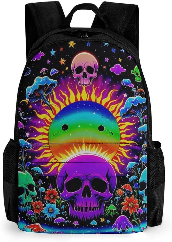 Supdreamc Rucksack Polyester Anti-Theft Multipurpose Psychedelic Skull Sun And Moon Neon Art Carry On Bag Large Capacity Travel and Sport Backpack Rucksack With Smooth Zippers