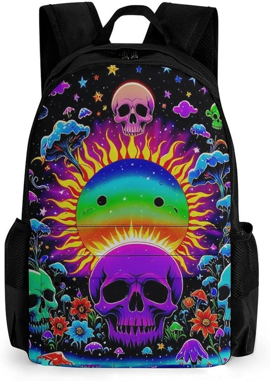 Supdreamc Rucksack Polyester Anti-Theft Multipurpose Psychedelic Skull Sun And Moon Neon Art Carry On Bag Large Capacity Travel and Sport Backpack Rucksack With Smooth Zippers