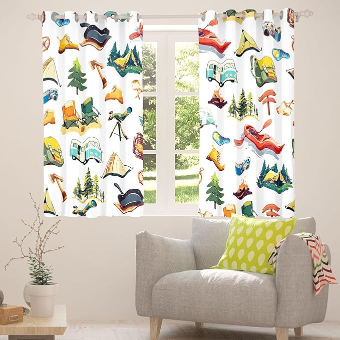 Erosebridal Kids Camping Blackout Curtains for Bedroom Living Room Happy Camper Trailer Window Curtains 2 Panels 38" Wx45 L Camping Gear Drapes,Woodland Adventure Lodge Cabin Window Treatments