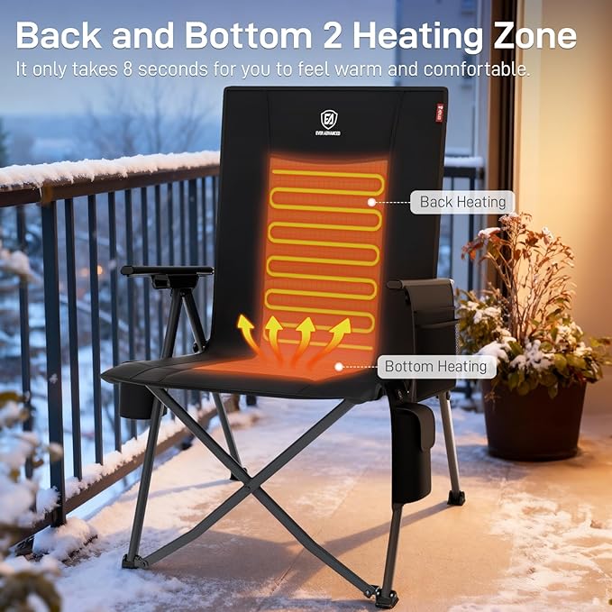 EVER ADVANCED Heated Reclining Camping Chairs for Adult Lightweight, Folding Recliner Chair with Adjustable Back, 4-Level Chairs, Portable Lawn Chairs for Patio Balcony, Supports 350lbs Black