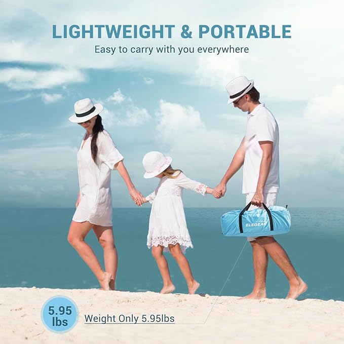 Elegear CumbreX™ Beach Tent Sun Shelter with Canopy, 4-5 Person Pop Up Beach Tent, Easy Setup UPF 50+ UV Protection Portable Lightweight Double Silver Coating Beach Cabana Sun Shade Shelter - Sky Blue