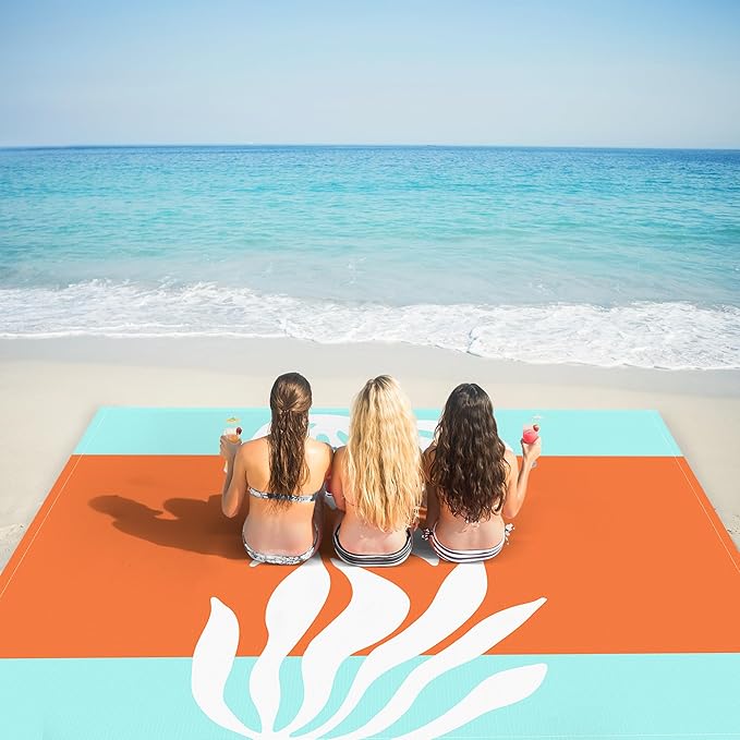 Beach Blanket Waterproof Sandproof, 78”x 86” Outdoor Beach Mat for 1-4 Adults, Quick Drying Foldable Sandfree Picnic Blanket with Stakes & Pockets for Travel, Camping, Hiking, Festival
