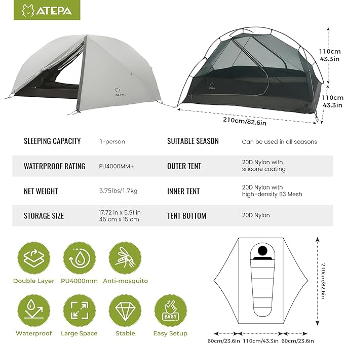 ATEPA Voyage 1-2 Person Backpacking Tent, 4 Season Ultralight Camping Tent, 4000mm Waterproof Double Layer Cold Wearther Easy Set Up Tent for Family Camp Hiking Hunting Outdoor Mountaineering Travel