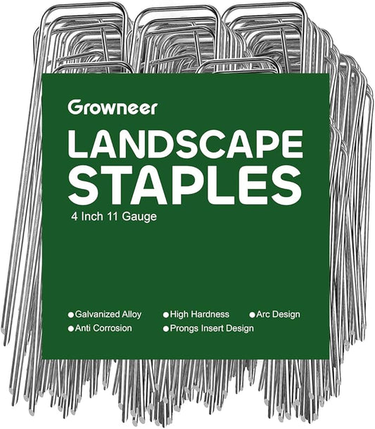 GROWNEER 4 Inch 50 Pack Landscape Staples Heavy Duty 11 Gauge Galvanized Steel Garden Stakes Staples Securing Pegs for Securing Weed Fabric Landscape Fabric Netting Ground Sheets and Fleece