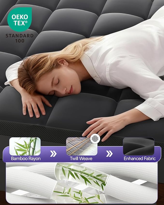 Dual Layer 5 Inch Memory Foam Mattress Topper Queen - 3 Inch Pillow Top Mattress Pad and 2 Inch Gel Memory Foam, 7-Zone Egg Crate Queen Size Mattress Topper (Black)