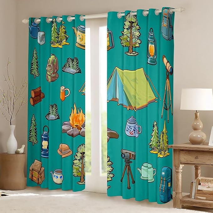 Feelyou Green Camper Theme Blackout Curtains Happy Camping Darkening Drapes for Bedroom Living Room Decor Adventure Camper Thermal Insulated Shades Window Treatments, 2 Panels 38 x 54 Inch