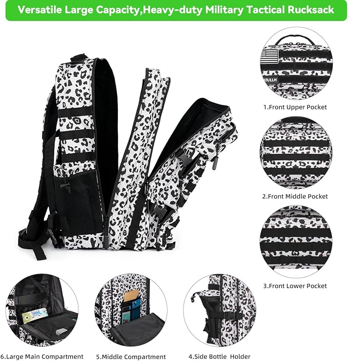 Military Tactical Backpack 55L for Men & Women Bug Out Bag Assault pack Molle Daypack Hiking Trekking Rucksack (Leopard print color)