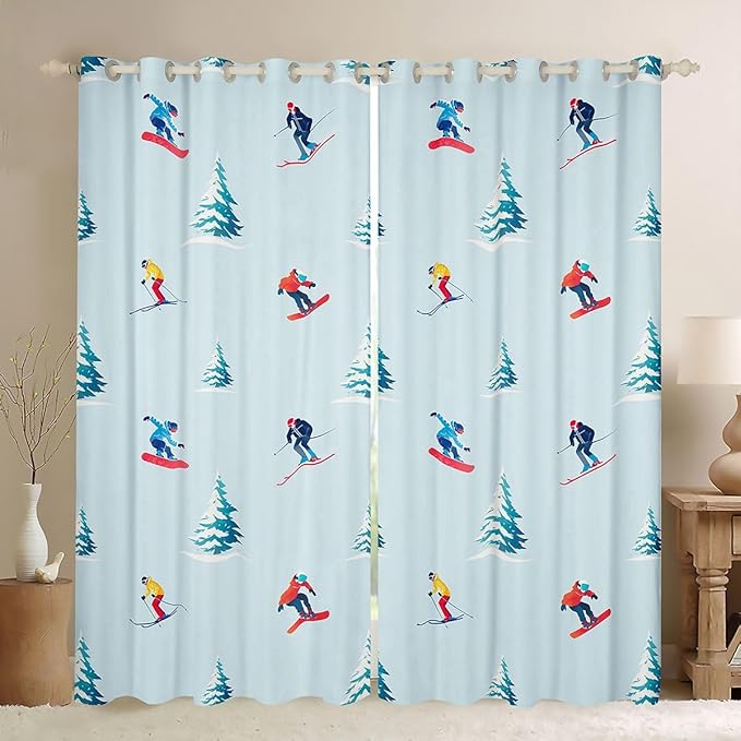 Manfei Skiing Boys Girls Room Decor,Ski Winter Extreme Sports Game Blackout Curtains,Mountain Snowboarding Pine Tree Nature Blackout Curtains,Blue 2 Panels,38Wx45L inch