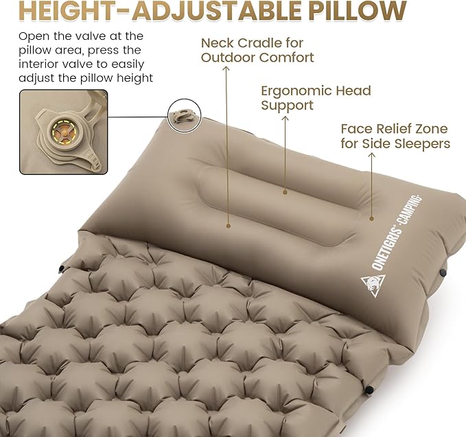 ONETIGRIS BLACKCRYSTAL Camping Sleeping Pad with Built-in Foot Pump, Inflatable Sleeping Pad with Built-in Pillow, Connectable Camping Air Mattress for Backpacking, Hiking,Tent Camping, Lightweight