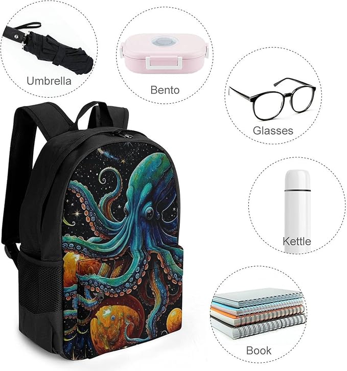 Supdreamc Lightweight Daypack Backpack for Sports Travel Running, Large Capacity Multipurpose Anti-Theft Bookbag, Octopus On The Moon Holding Stars Planet Art Laptop Backpack Daypack