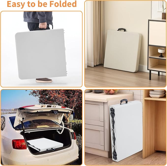 BOOSDEN 4 Foot Folding Table, Portable Rectangle Card Table, Indoor Outdoor Plastic Fold-in-Half Utility Table with Carrying Handle, Adjustable Height Foldable Tables for Picnic,Party,Camping,Office