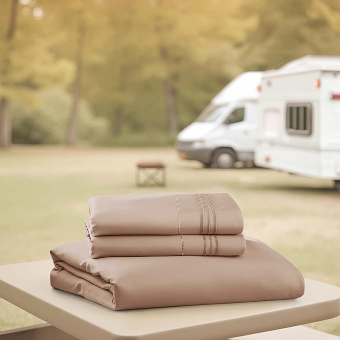 Hearth & Harbor Short Queen Sheets for RV, Khaki RV Queen Sheets, Silky Soft 1800 Microfiber Bed Sheet for Camper, 4 Piece RV Bedding with Pillowcases