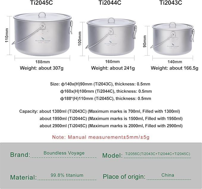 Boundless Voyage Titanium Hanging Pot for Outdoor Camping Backpacking Hiking Ultralight Portable Cooking Pot Camp Kitchen Cookware 1300ML/1950ML/2900ML