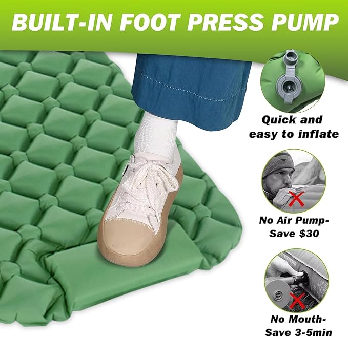 Self-Inflating Sleeping Pad for Camping with Built-in Foot Pump & Pillow - Inflatable Camping Mat, Ultralight Air Mattress for Backpacking, Hiking, Travel, Tent, Beach