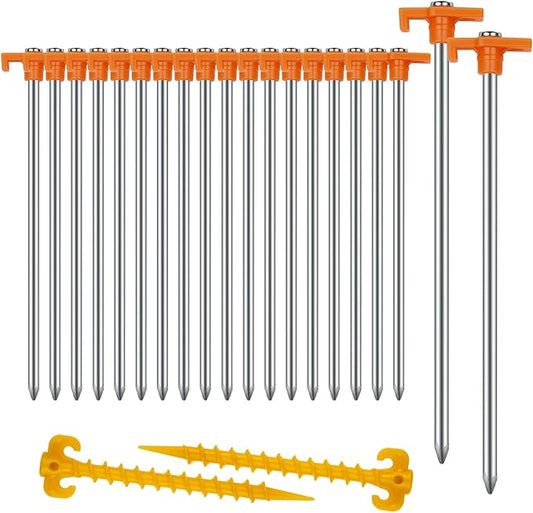 20+2PCS Tent Stakes Heavy Duty Camping Stakes,AVOFOREST 9.8Inch Non-Rust Metal Tent Pegs Ground Stakes Tent Spikes Camping,Garden,Hiking Orange