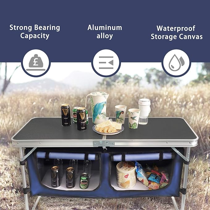 CampLand Outdoor Folding Table Aluminum Lightweight Height Adjustable with Storage Organizer for BBQ, Party, Camping