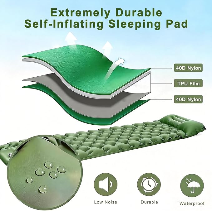 Self-Inflating Sleeping Pad for Camping with Built-in Foot Pump & Pillow - Inflatable Camping Mat, Ultralight Air Mattress for Backpacking, Hiking, Travel, Tent, Beach