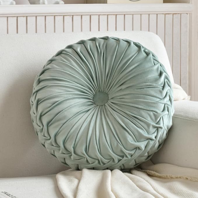 Round Throw Pillow Velvet Home Decoration Pleated Round Pillow Cushion for Couch Chair Bed Car Light Green