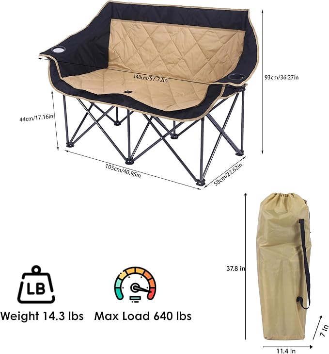 2 Person Camping Chair Oversized Loveseat Camping Chair Double Camping Chairs for Adults Heavy Duty Camping Couch Black Outdoor Folding Chair (Camel Color)