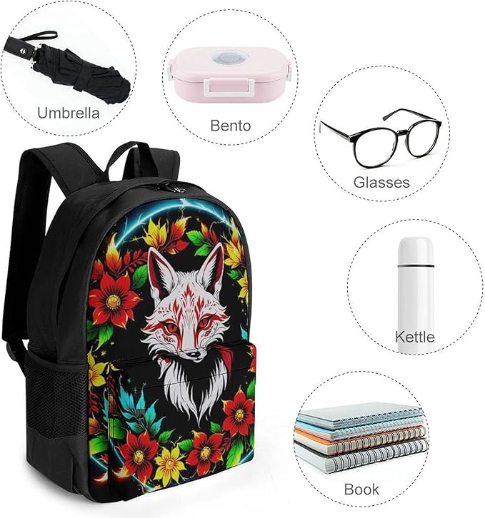 Men Women Polyester Blue Green Red Fire Flame Dragon Fox Kitsune Black Art Daypack Big Capacity Shoulder Bag With Adjustable Shoulder Straps for Camping Travel Walking Cycling