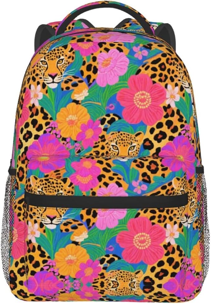 Men Women Polyester Red Floral Leopard Cheetah Art Daypack Big Capacity Shoulder Bag With Smooth Zippers for Hiking Work Walking Cycling