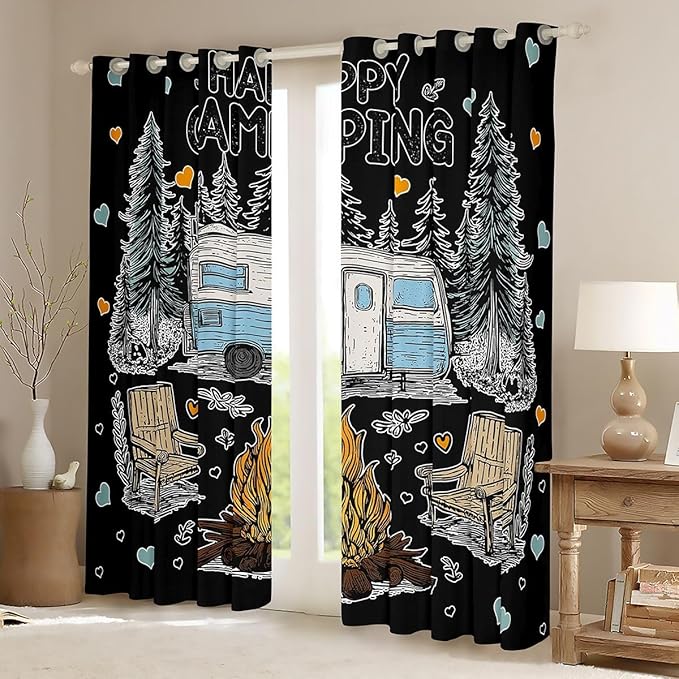 Feelyou Black Camping Camper Rv Curtains for Bedroom Living Room Rustic Farmhouse Camper Blackout Shades Happy Camping Room Darkening Curtain Window Treatments, 2 Panels 42 x 84 Inch Decor
