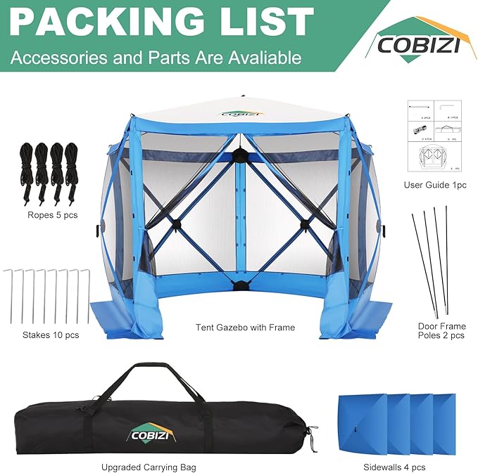 COBIZI 10x10 FT Pop up Gazebo, Popup Canopy tent, Screened In Gazebos with sidewalls, Waterproof Portable Outdoor Small Screen tents Sun Shelter,carpas para patio for Camping, Garden and Backyard,Blue