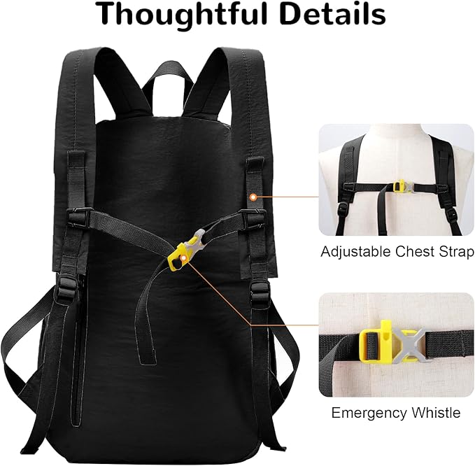 25L Collapsible Hiking Backpack with Chest Strap for Men, Foldable Lightweight Gym Backpack with Waterproof Wet Pocket, Black