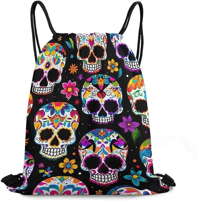 Water Resistant Drawstring Backpack Lightweight Sackpack for Yoga Gym Beach Travel, Men Women Unisex Sports Bag, Sugar Skull Bags