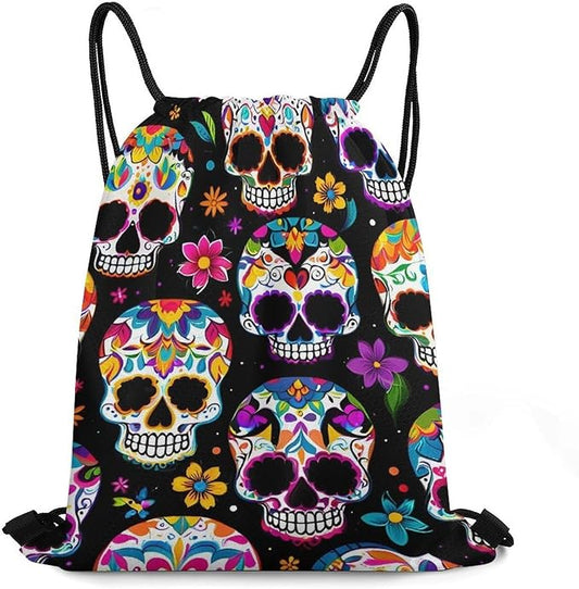 Water Resistant Drawstring Backpack Lightweight Sackpack for Yoga Gym Beach Travel, Men Women Unisex Sports Bag, Sugar Skull Bags