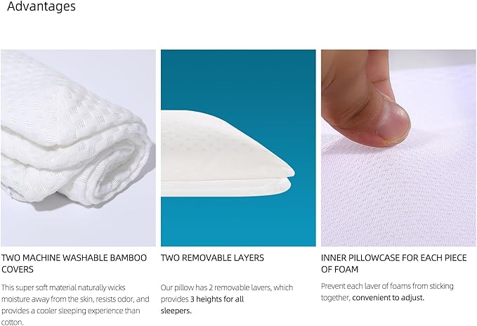 SUQ I OME Adjustable Slim Sleeper -Thin Flat Latex Pillow for Sleeping with 2 Removable Layers 3 Heights(1'', 2.5'', 3.5''), for Stomach, Side and Back Sleepers,Twill White