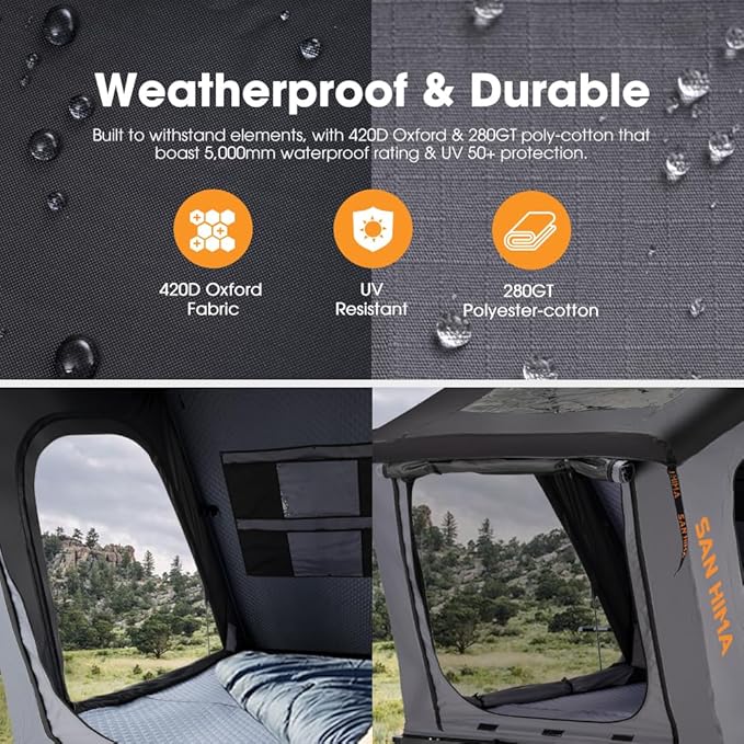 Sanhima Rooftop Tent Hard Shell - Hotham Lite Overland Aluminium Roof Top Tent 4.56" Slimline, w/Tri-Color LED Strip Light & 1.97” Thick Mattress, for Car SUV Truck Camping, 2-3 People