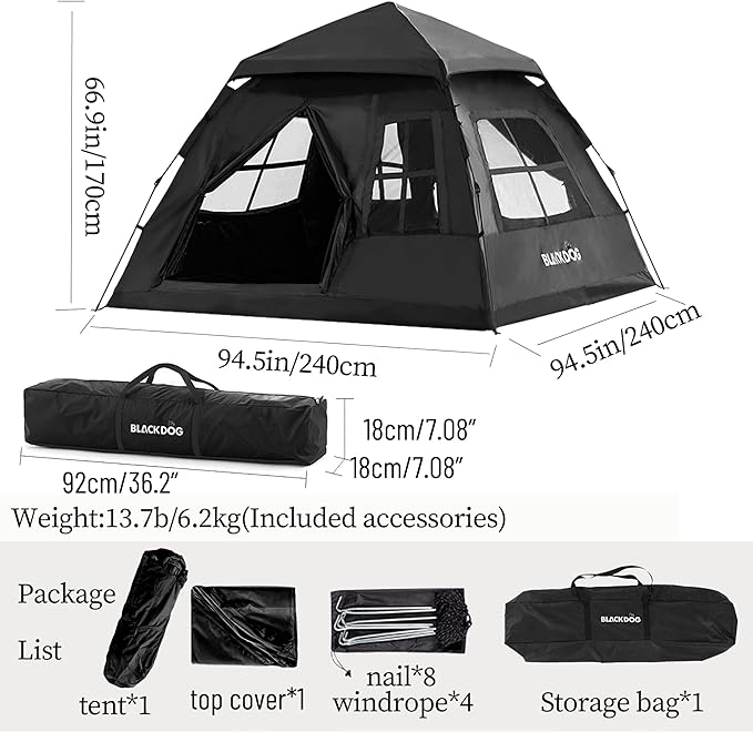 Blackdog Portable Camping Tent - 2-4 Person 5㎡ Large Space for Family, Waterproof Instant Pop Up Tent, UPF50+ Sun Protection, Car Camping & Traveling, Easy Setup