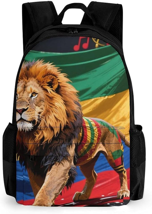 Rucksack Polyester Anti-Theft Multipurpose Jamaican Rasta Flag Rastafarian Reggae Lion Art Bookbag Big Capacity Travel and Sport Backpack Rucksack With Side Pockets