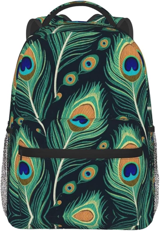 Women Men Polyester Chic Animal Beautiful Peacock Feather Green Art Casual Daypack Large Capacity Bookbag With Side Pockets for Sports Picnic Walking Cycling